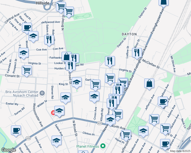 map of restaurants, bars, coffee shops, grocery stores, and more near 1354 Fremont Place in Elizabeth