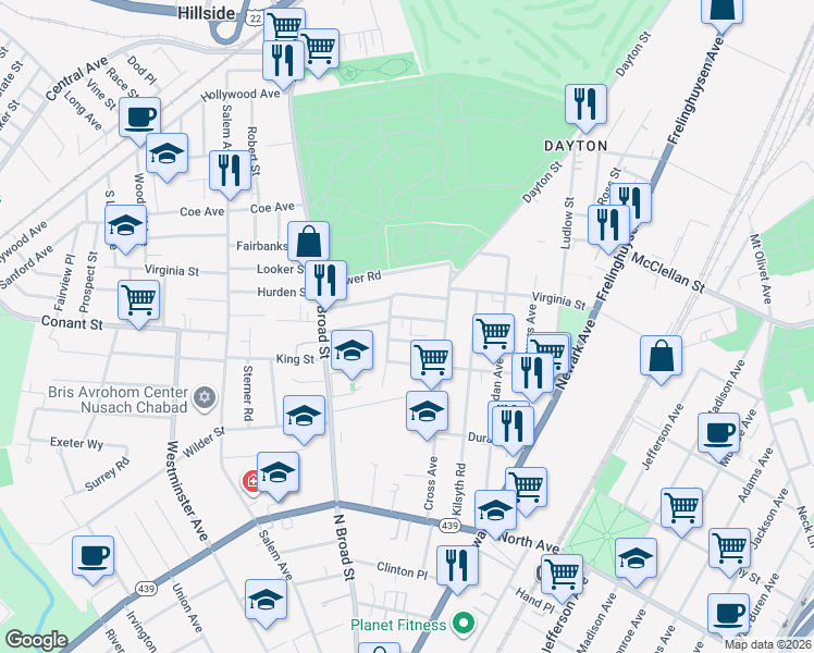 map of restaurants, bars, coffee shops, grocery stores, and more near 1354 Fremont Place in Elizabeth