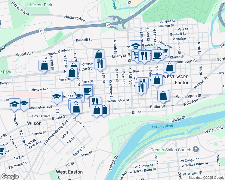 map of restaurants, bars, coffee shops, grocery stores, and more near 1437 Lehigh Street in Easton