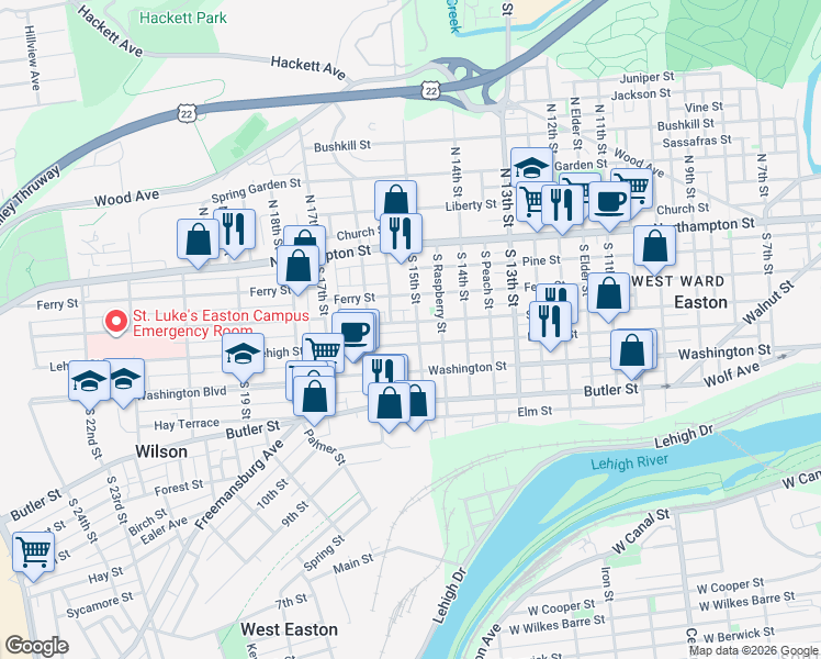map of restaurants, bars, coffee shops, grocery stores, and more near 1521 Lehigh Street in Easton