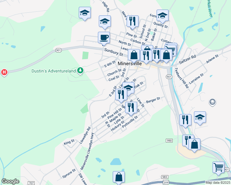 map of restaurants, bars, coffee shops, grocery stores, and more near 424 Laurel Street in Minersville