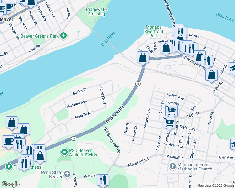 map of restaurants, bars, coffee shops, grocery stores, and more near 230 Grandview Avenue in Monaca