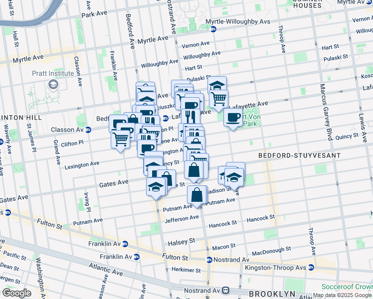 map of restaurants, bars, coffee shops, grocery stores, and more near 260 Lexington Avenue in Brooklyn