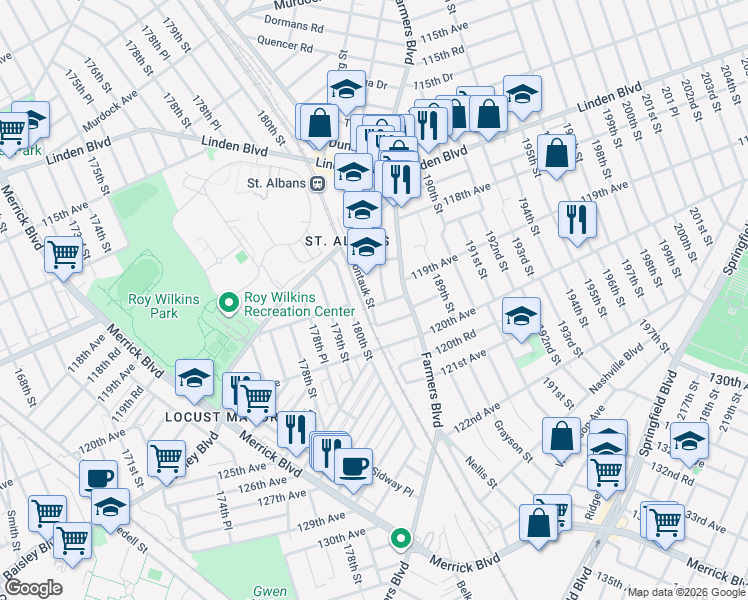 map of restaurants, bars, coffee shops, grocery stores, and more near 118-75 Montauk Street in Queens