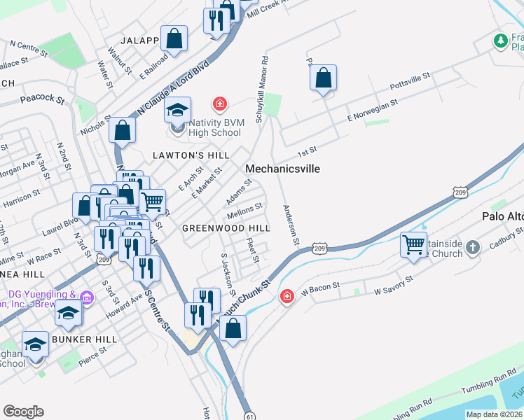 map of restaurants, bars, coffee shops, grocery stores, and more near 630 Greenwood Avenue in Pottsville
