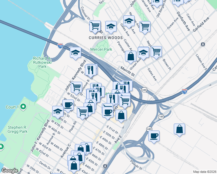 map of restaurants, bars, coffee shops, grocery stores, and more near 53 West 56th Street in Bayonne