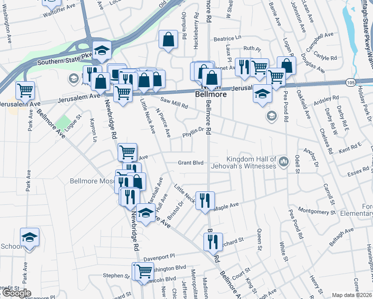 map of restaurants, bars, coffee shops, grocery stores, and more near 1340 Smith Avenue in North Bellmore