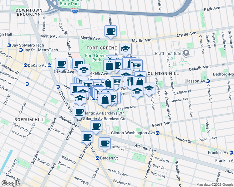 map of restaurants, bars, coffee shops, grocery stores, and more near 133 Lafayette Avenue in Brooklyn