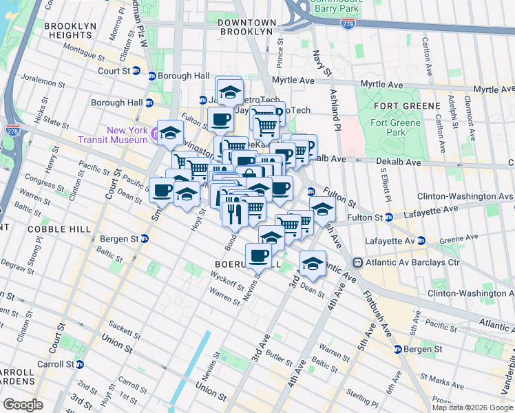 map of restaurants, bars, coffee shops, grocery stores, and more near 78 Bond Street in Brooklyn