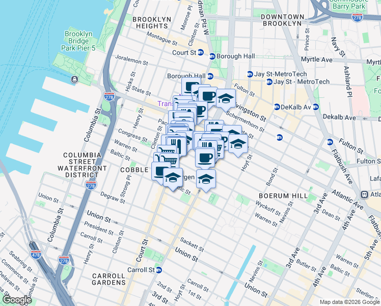 map of restaurants, bars, coffee shops, grocery stores, and more near 134 Boerum Place in Brooklyn
