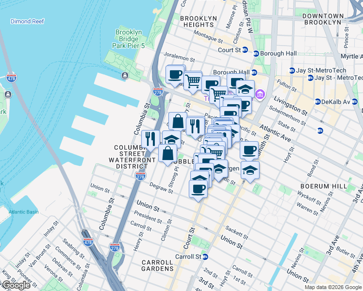 map of restaurants, bars, coffee shops, grocery stores, and more near 198 Warren Street in Brooklyn