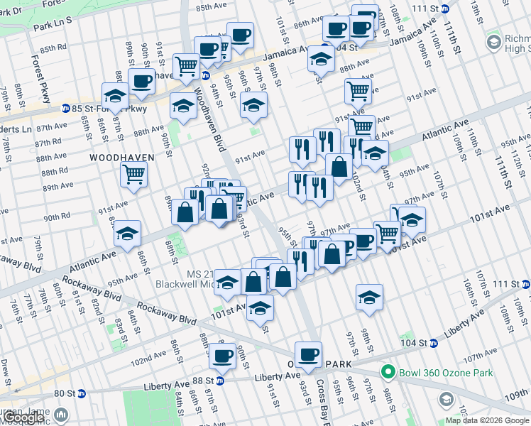 map of restaurants, bars, coffee shops, grocery stores, and more near 9436 Woodhaven Boulevard in Queens