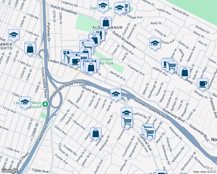 map of restaurants, bars, coffee shops, grocery stores, and more near 1975 Linden Boulevard in Elmont
