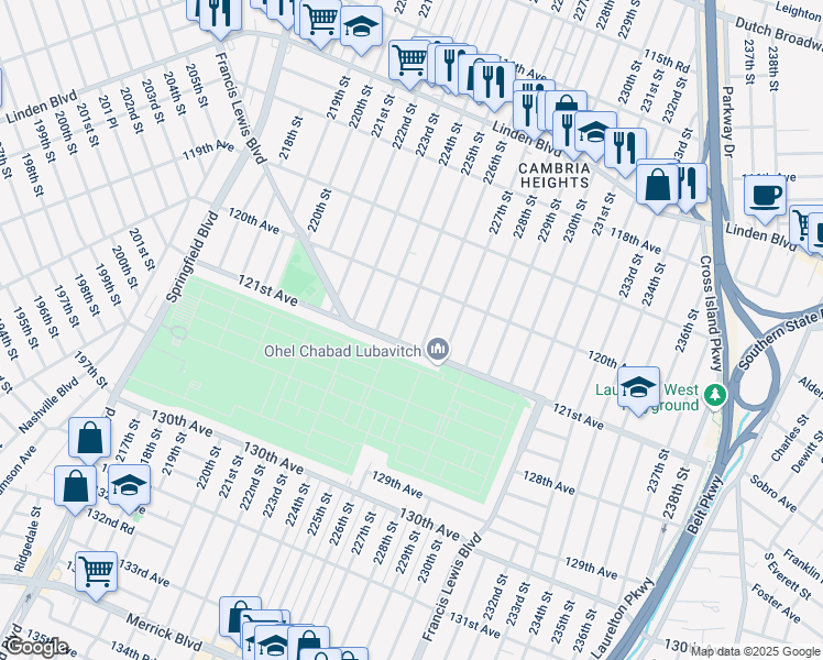 map of restaurants, bars, coffee shops, grocery stores, and more near 120-43 225th Street in Queens