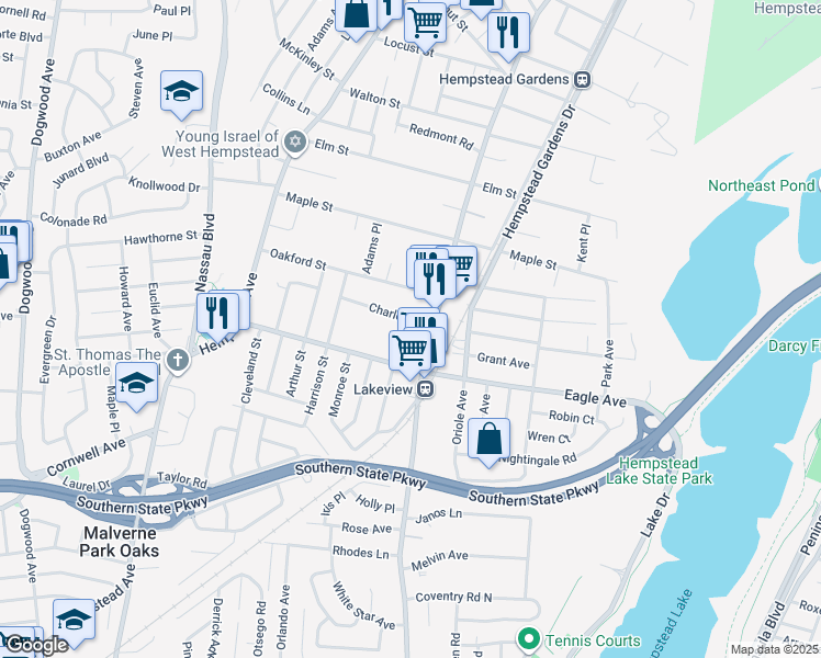 map of restaurants, bars, coffee shops, grocery stores, and more near 376 Charles Street in West Hempstead