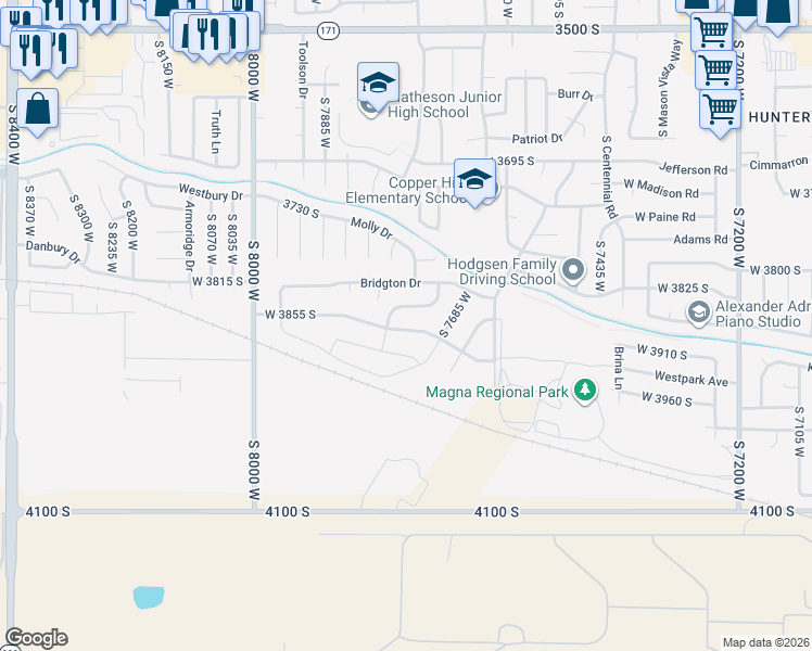 map of restaurants, bars, coffee shops, grocery stores, and more near 7742 West 3855 South in Magna