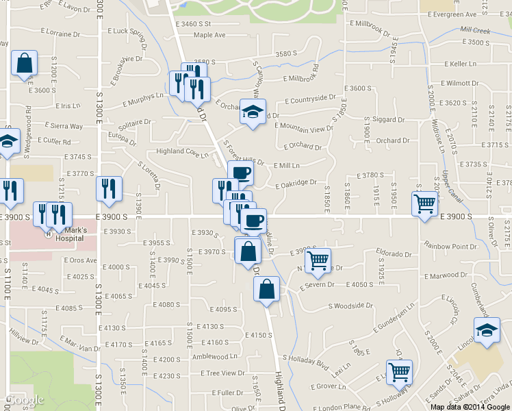 map of restaurants, bars, coffee shops, grocery stores, and more near 3850 South Kay Circle in Salt Lake City