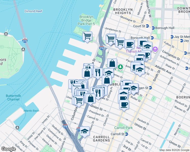 map of restaurants, bars, coffee shops, grocery stores, and more near 90 Kane Street in Brooklyn