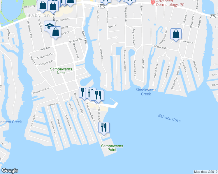 map of restaurants, bars, coffee shops, grocery stores, and more near 237 West Islip Road in West Islip