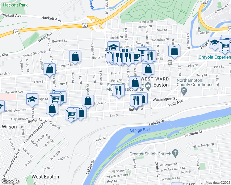 map of restaurants, bars, coffee shops, grocery stores, and more near 1229 Lehigh Street in Easton