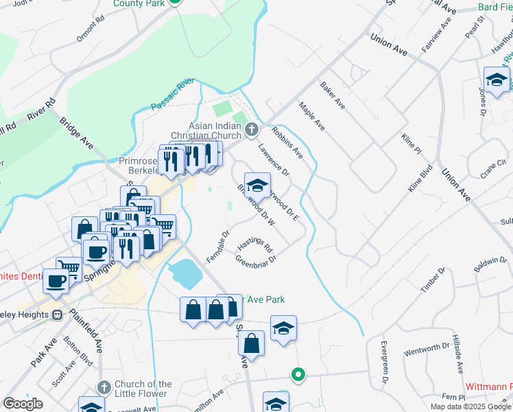 map of restaurants, bars, coffee shops, grocery stores, and more near Briarwood Drive West in Berkeley Heights