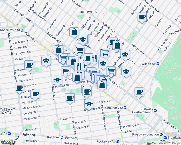 map of restaurants, bars, coffee shops, grocery stores, and more near 1058 Jefferson Avenue in Brooklyn
