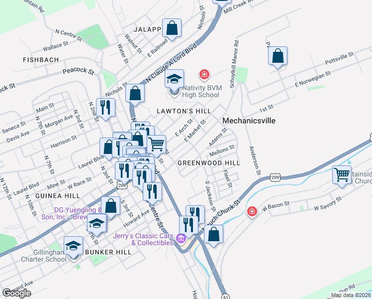 map of restaurants, bars, coffee shops, grocery stores, and more near 436 East Norwegian Street in Pottsville