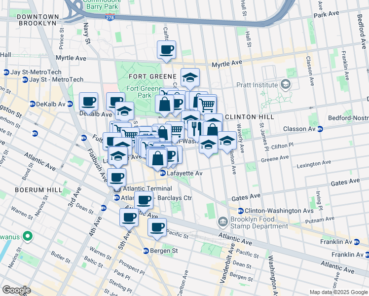 map of restaurants, bars, coffee shops, grocery stores, and more near Carlton Avenue in Brooklyn