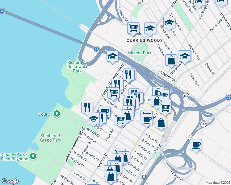 map of restaurants, bars, coffee shops, grocery stores, and more near 127 West 53rd Street in Bayonne