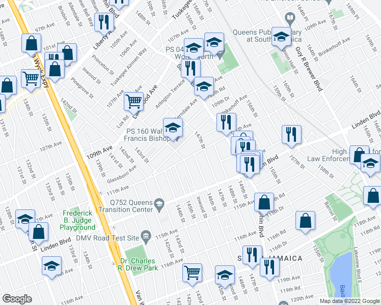 map of restaurants, bars, coffee shops, grocery stores, and more near 145-19 111th Avenue in Queens