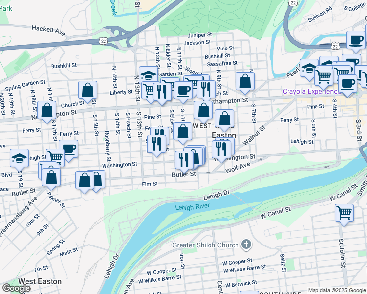map of restaurants, bars, coffee shops, grocery stores, and more near 1125 Lehigh Street in Easton