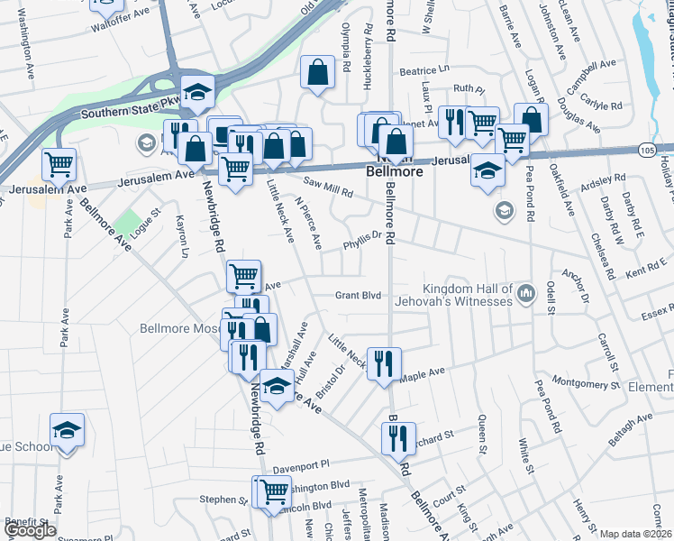 map of restaurants, bars, coffee shops, grocery stores, and more near 1340 Smith Avenue in North Bellmore