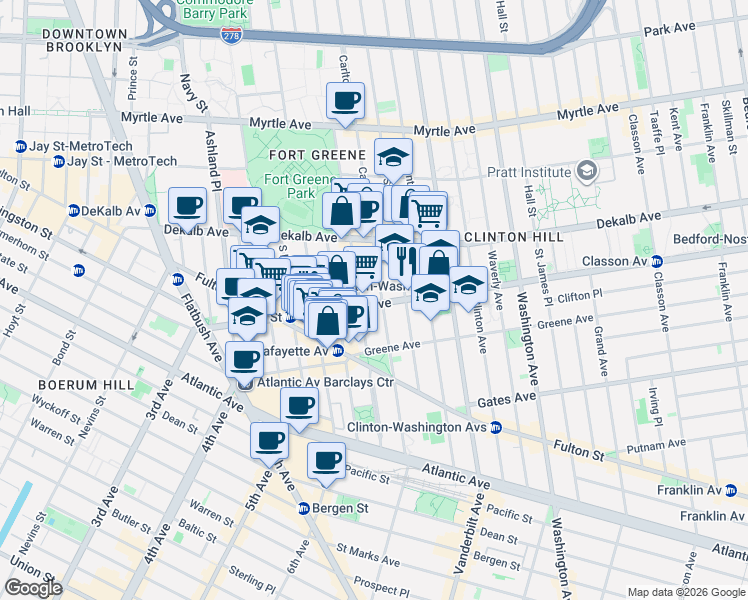 map of restaurants, bars, coffee shops, grocery stores, and more near 133 Lafayette Avenue in Brooklyn