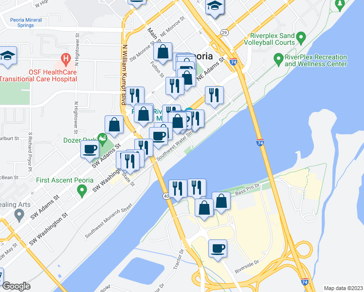 map of restaurants, bars, coffee shops, grocery stores, and more near 300 Southwest Water Street in Peoria
