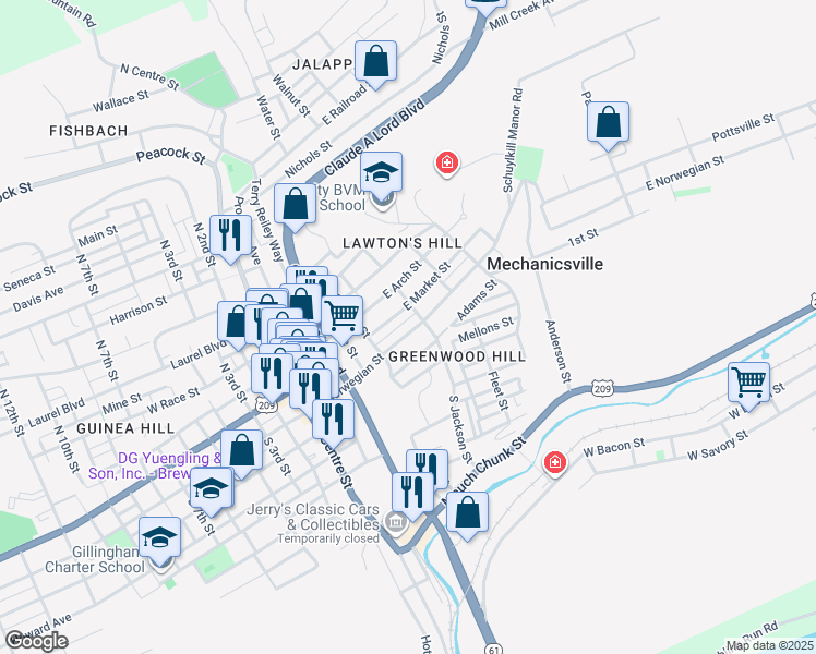 map of restaurants, bars, coffee shops, grocery stores, and more near 436 East Norwegian Street in Pottsville