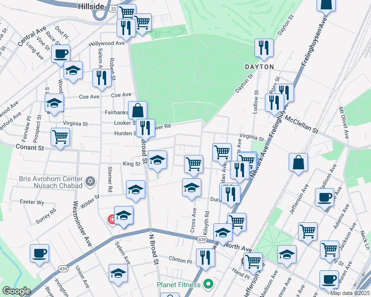 map of restaurants, bars, coffee shops, grocery stores, and more near 1354 Fremont Place in Elizabeth