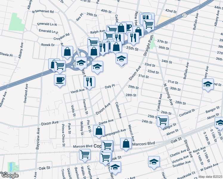 map of restaurants, bars, coffee shops, grocery stores, and more near 320 Caboto Avenue in Copiague