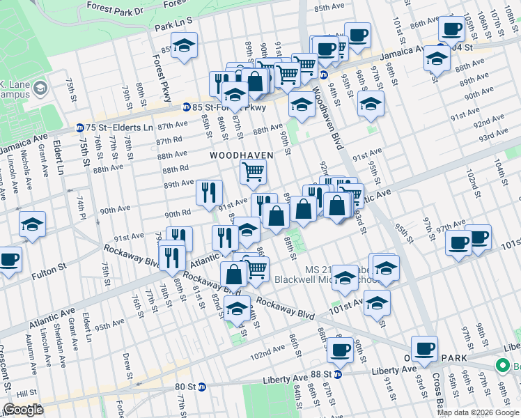 map of restaurants, bars, coffee shops, grocery stores, and more near 91-22 87th Street in Queens