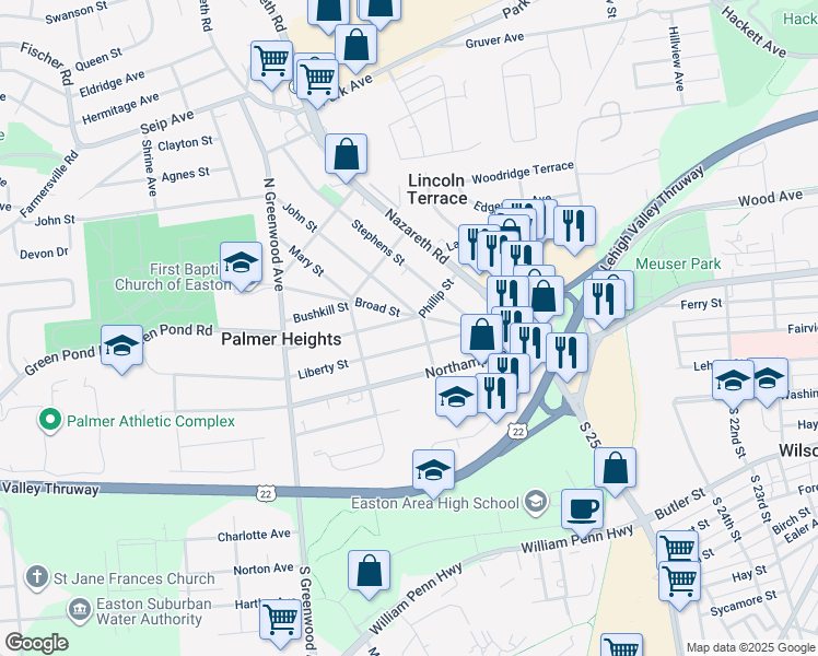 map of restaurants, bars, coffee shops, grocery stores, and more near 2604 Spring Garden Street in Easton