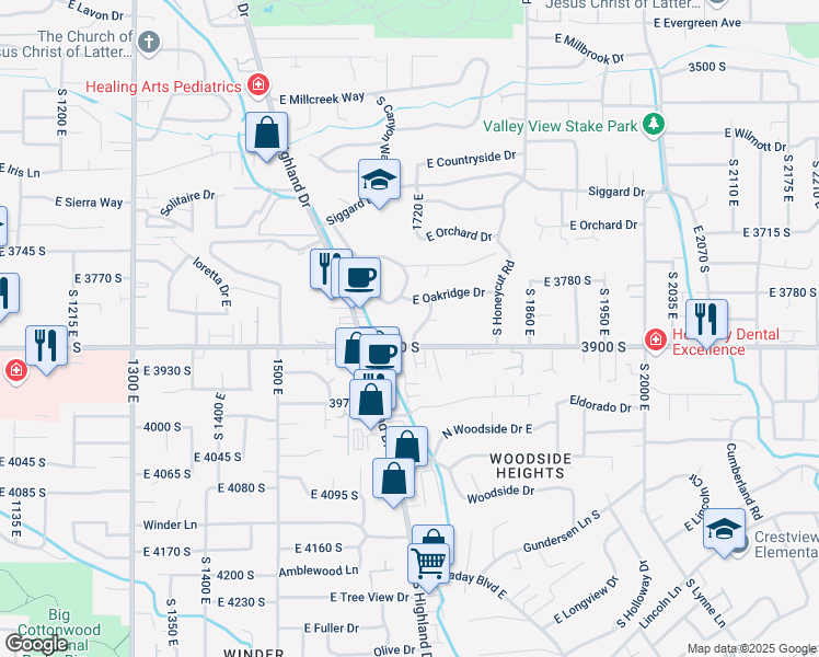 map of restaurants, bars, coffee shops, grocery stores, and more near 3880 South Arroyo Road in Salt Lake City