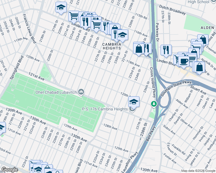 map of restaurants, bars, coffee shops, grocery stores, and more near 120-5 230th Street in Queens
