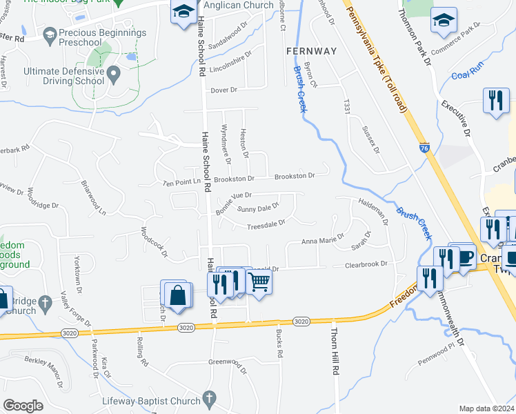 map of restaurants, bars, coffee shops, grocery stores, and more near 413 Sunny Dale Drive in Cranberry Township