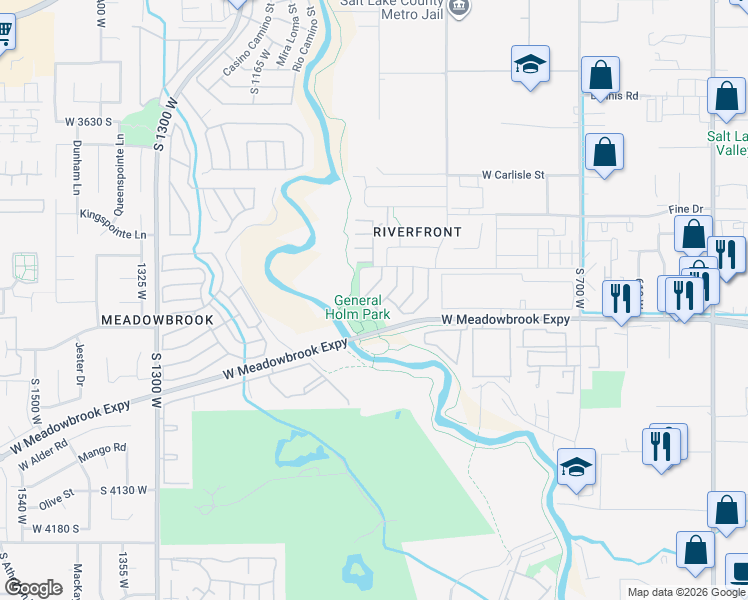 map of restaurants, bars, coffee shops, grocery stores, and more near 3835 South River Run Way in South Salt Lake