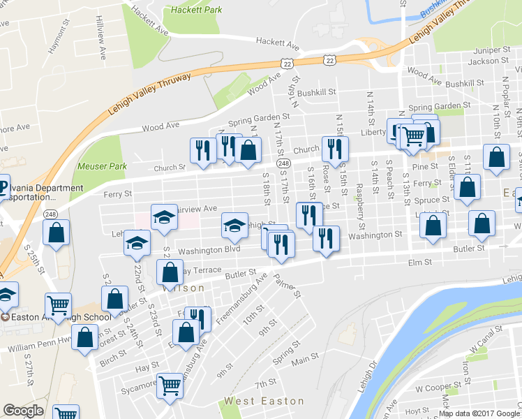 map of restaurants, bars, coffee shops, grocery stores, and more near 1808 Fairview Avenue in Easton