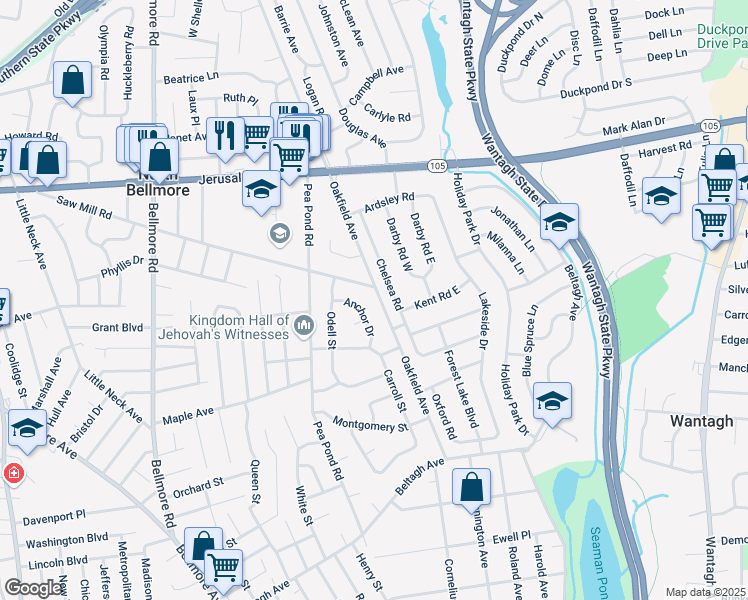 map of restaurants, bars, coffee shops, grocery stores, and more near 1366 Oakfield Avenue in Wantagh