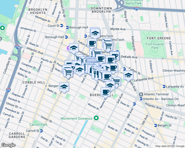 map of restaurants, bars, coffee shops, grocery stores, and more near 367 Atlantic Avenue in Brooklyn