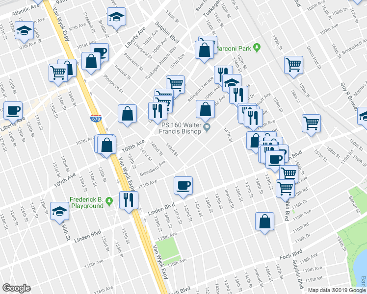 map of restaurants, bars, coffee shops, grocery stores, and more near 143-23 Glassboro Avenue in Queens