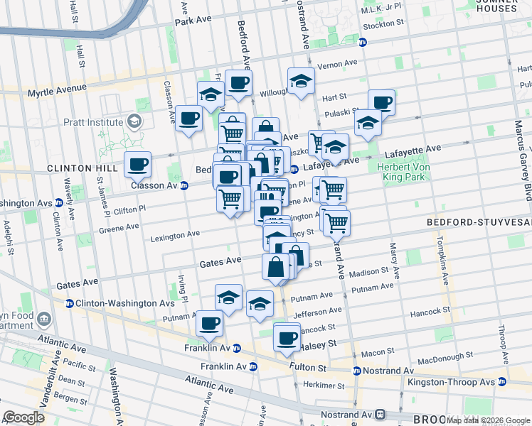 map of restaurants, bars, coffee shops, grocery stores, and more near 1084 Bedford Avenue in Brooklyn