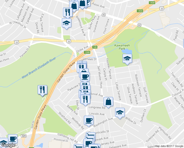 map of restaurants, bars, coffee shops, grocery stores, and more near 248 Burroughs Terrace in Union