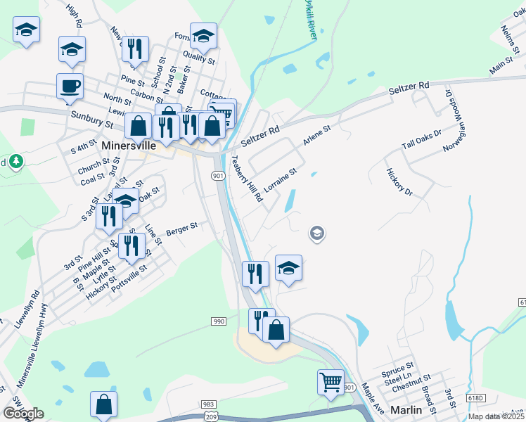 map of restaurants, bars, coffee shops, grocery stores, and more near 20 Teaberry Hill Road in Minersville